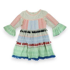 Dodo Bar Or Multicolor Mini Dress Tasseled Striped Tiered Flared Embroidery Sz M
